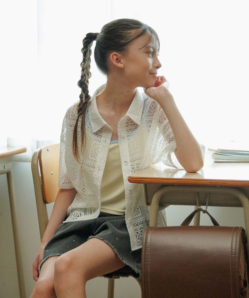 GLOBAL WORK（グローバルワーク）の「イージーケアレースシャツ半袖/584709（シャツ/ブラウス・キッズ・ブラック/ホワイト・130cm/160cm/140cm/150cm）」の7枚目の写真