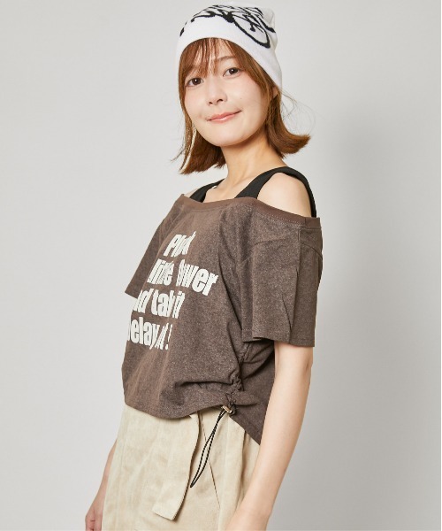 GORGE（ゴージ）の「《フェイクレイヤード×オフショル風》レディース 半袖Tシャツ リブタンクドッキング 春夏秋（Tシャツ/カットソー・レディース・ブラック/ブラウン/オフホワイト/その他1・F）」の3枚目の写真