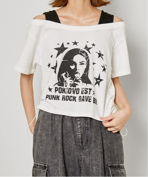 GORGE（ゴージ）の「《フェイクレイヤード×オフショル風》レディース 半袖Tシャツ リブタンクドッキング 春夏秋（Tシャツ/カットソー・レディース・ブラック/ブラウン/オフホワイト/その他1・F）」の2枚目の写真