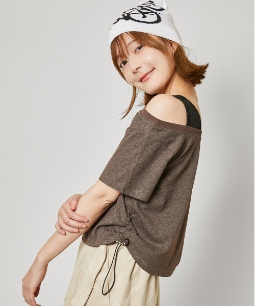 GORGE（ゴージ）の「《フェイクレイヤード×オフショル風》レディース 半袖Tシャツ リブタンクドッキング 春夏秋（Tシャツ/カットソー・レディース・ブラック/ブラウン/オフホワイト/その他1・F）」の7枚目の写真