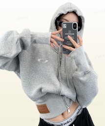 韓国ファッション RICECAKEフェイクレザーラベルピグメント加工ダブルジップパーカー