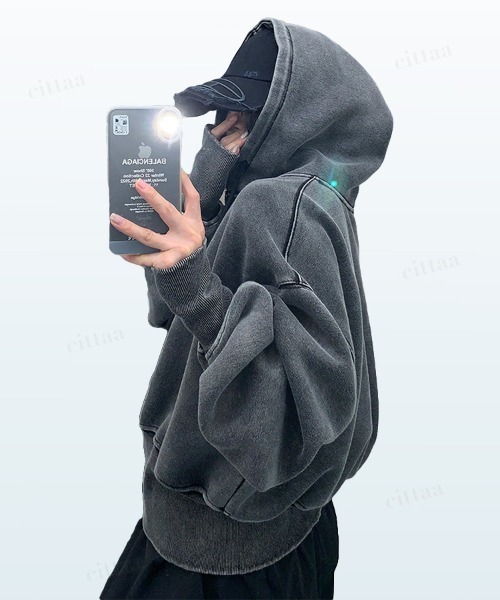 Dalfwin（ダールフィン）の「韓国ファッション RICECAKEフェイクレザーラベルピグメント加工ダブルジップパーカー（パーカー・レディース・ブラック/グレー・FREE）」の19枚目の写真