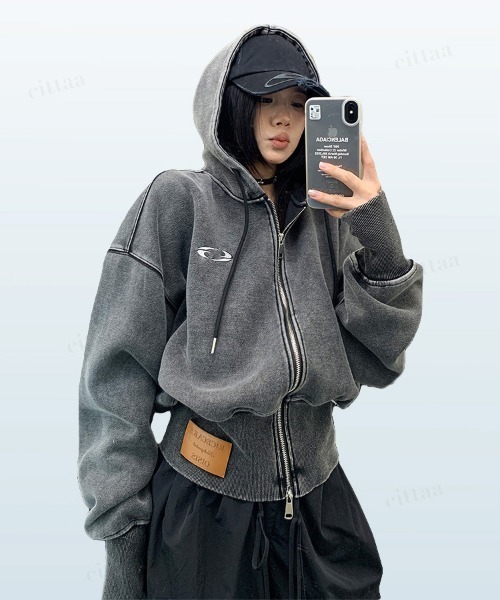 韓国ファッション RICECAKEフェイクレザーラベルピグメント加工ダブル