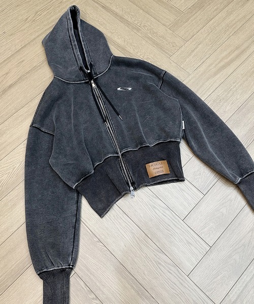 Dalfwin（ダールフィン）の「韓国ファッション RICECAKEフェイクレザーラベルピグメント加工ダブルジップパーカー（パーカー・レディース・ブラック/グレー・FREE）」の22枚目の写真