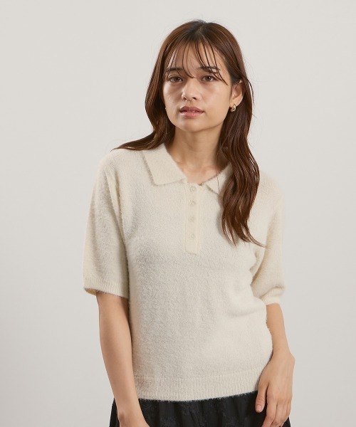 QUEENS COURT(クイーンズコート)の「シャギーヤーンポロニットトップス≪手洗い可能≫(ニット/セーター・レディース・アイボリー/ピンク/サックスブルー・M)」の2枚目の写真