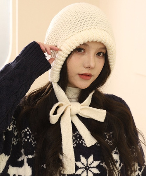 Lace Ladies（レースレディース）の「ソリッドカラー 耳 カバー ニット キャップ（ニットキャップ/ビーニー・レディース・アイボリー/ブラック/ブルー/ブラウン・FREE）」の2枚目の写真