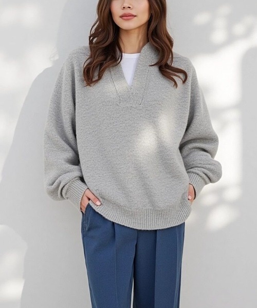 cammie(キャミー)の「襟付きキーネックニットトップス(ニット/セーター・レディース・アイボリー/グレー・F)」の6枚目の写真