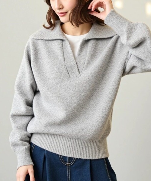 cammie(キャミー)の「襟付きキーネックニットトップス(ニット/セーター・レディース・アイボリー/グレー・F)」の8枚目の写真