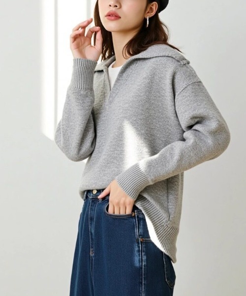 cammie(キャミー)の「襟付きキーネックニットトップス(ニット/セーター・レディース・アイボリー/グレー・F)」の4枚目の写真