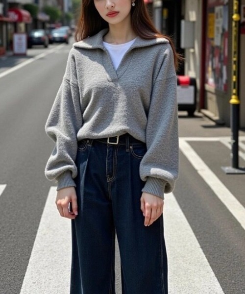 cammie(キャミー)の「襟付きキーネックニットトップス(ニット/セーター・レディース・アイボリー/グレー・F)」の9枚目の写真