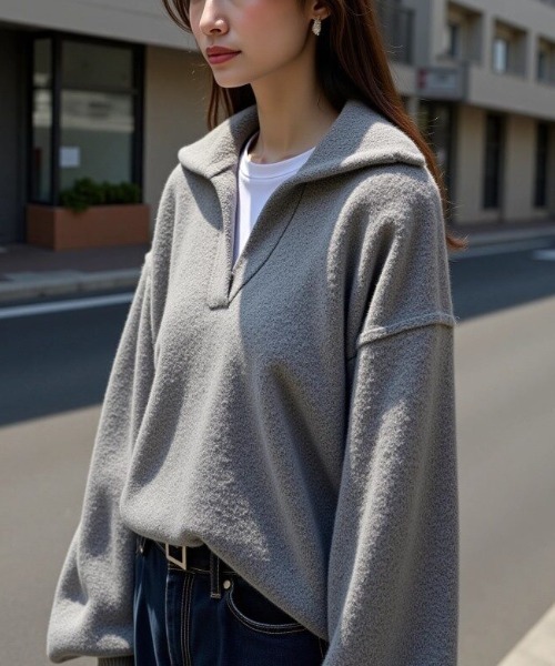 cammie(キャミー)の「襟付きキーネックニットトップス(ニット/セーター・レディース・アイボリー/グレー・F)」の10枚目の写真