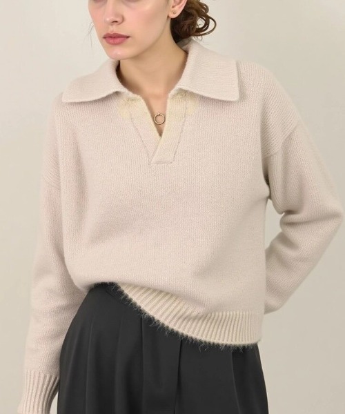 cammie(キャミー)の「襟付きキーネックニットトップス(ニット/セーター・レディース・アイボリー/グレー・F)」の11枚目の写真