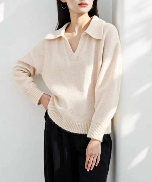 cammie(キャミー)の「襟付きキーネックニットトップス(ニット/セーター・レディース・アイボリー/グレー・F)」の15枚目の写真