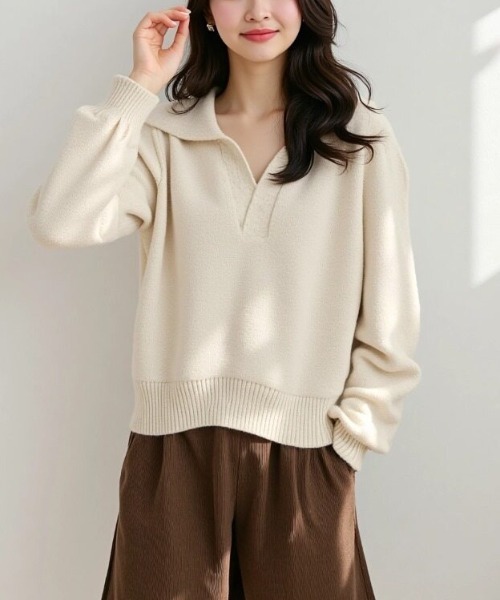 cammie(キャミー)の「襟付きキーネックニットトップス(ニット/セーター・レディース・アイボリー/グレー・F)」の17枚目の写真