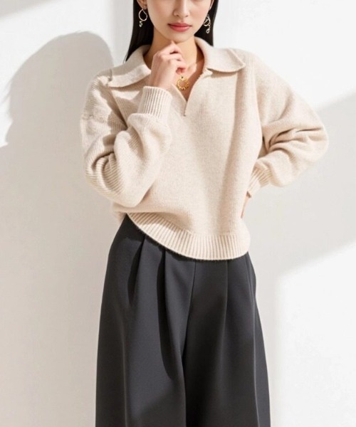 cammie(キャミー)の「襟付きキーネックニットトップス(ニット/セーター・レディース・アイボリー/グレー・F)」の19枚目の写真