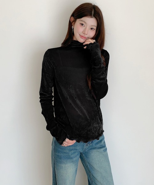 by LEGNA(バイレグナ)の「シアーフロッキーベロア見えメロートップス(Tシャツ/カットソー・レディース・ブラック/ベージュ/ダークグレー/ホワイト/ブラウン・MEDIUM/LARGE)」の1枚目の写真