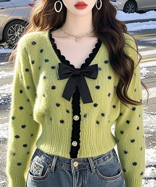 CLOTHY(クロシィ)の「【ドット×リボン×スカラップ】リボンドットカーディガン(カーディガン/ボレロ・レディース・グリーン・FREE)」の10枚目の写真
