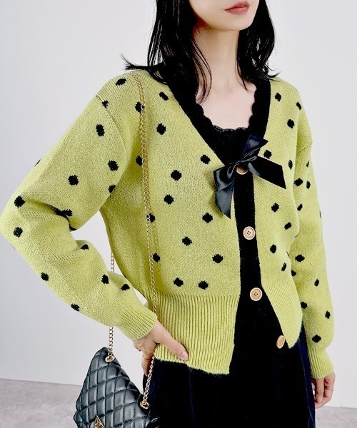 CLOTHY(クロシィ)の「【ドット×リボン×スカラップ】リボンドットカーディガン(カーディガン/ボレロ・レディース・グリーン・FREE)」の6枚目の写真