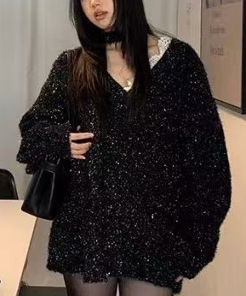 Achic(アシック)の「ラメ入り 非対称レースセーター(ニット/セーター・レディース・ブラック・M)」の15枚目の写真
