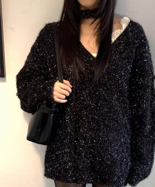 Achic(アシック)の「ラメ入り 非対称レースセーター(ニット/セーター・レディース・ブラック・M)」の17枚目の写真