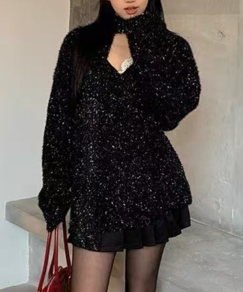 Achic(アシック)の「ラメ入り 非対称レースセーター(ニット/セーター・レディース・ブラック・M)」の7枚目の写真