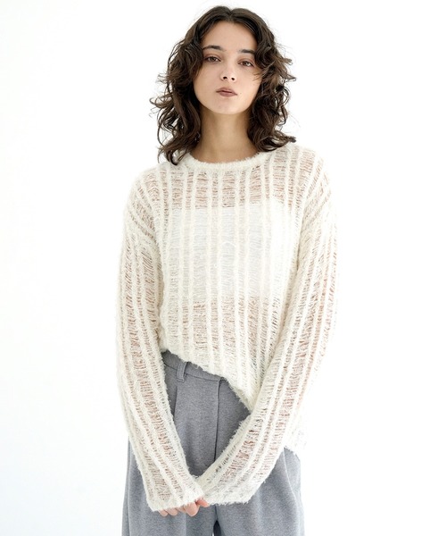 CLANE(クラネ)の「SHEER SHAGGY LOOSE KNIT TOPS(ニット/セーター・レディース・グレー/アイボリー/レッド・F)」の2枚目の写真