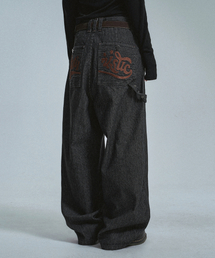 バックロゴストライプデニムパンツ - ブラック