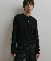 BLACK HENLEY NECK COTTON SHIRT