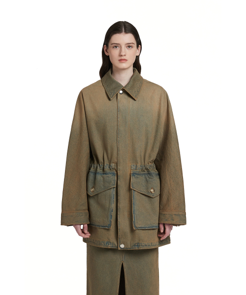 TRUNK PROJECT(トランクプロジェクト)の「Drawstring Denim Jacket_Khaki(デニムジャケット・レディース・カーキ・X-SMALL/SMALL/LARGE)」の1枚目の写真
