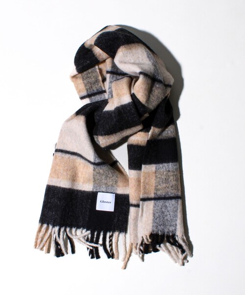 GLOSTER（グロスター）の「ウール混ブークレ 大判チェックマフラー（マフラー・メンズ・ブルー系その他6/オレンジ系その他/グリーン系その他・FREE）」の4枚目の写真