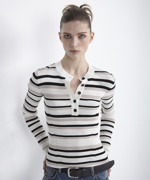 5-BUTTON PULLOVER HENLEY NECK KNIT (STRIPE)