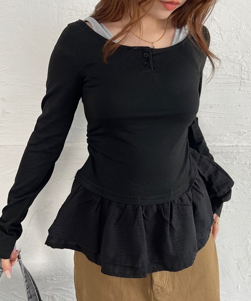 ROGER AND RAW（ロジャーアンドロウ）の「ボリュームヘムレイヤードバルーントップス（Tシャツ/カットソー・レディース・モカ/グレー/ブラック・FREE）」の2枚目の写真