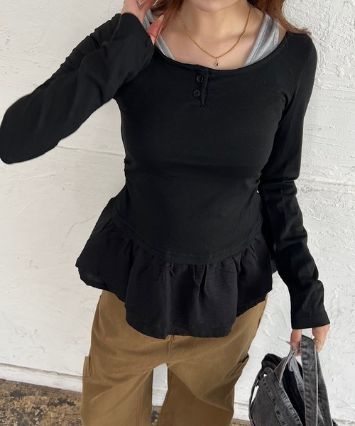 ROGER AND RAW（ロジャーアンドロウ）の「ボリュームヘムレイヤードバルーントップス（Tシャツ/カットソー・レディース・モカ/グレー/ブラック・FREE）」の14枚目の写真