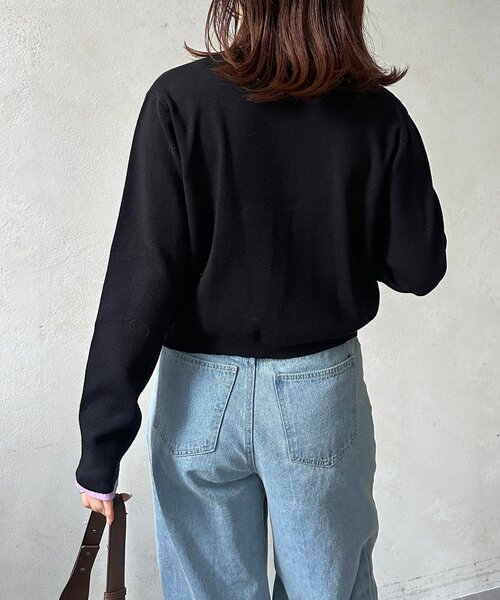 Thevon（ゼボン）の「レイヤード風配色クルーニットカーディガン（カーディガン/ボレロ・レディース・グレー/アイボリー/ブラック/ベージュ・FREE）」の16枚目の写真