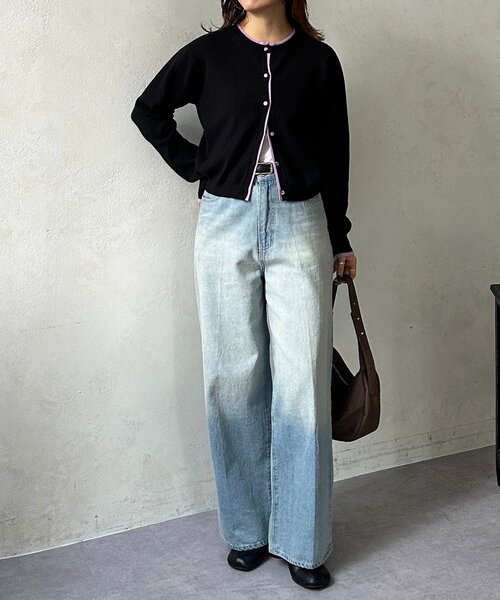 Thevon（ゼボン）の「レイヤード風配色クルーニットカーディガン（カーディガン/ボレロ・レディース・グレー/アイボリー/ブラック/ベージュ・FREE）」の18枚目の写真