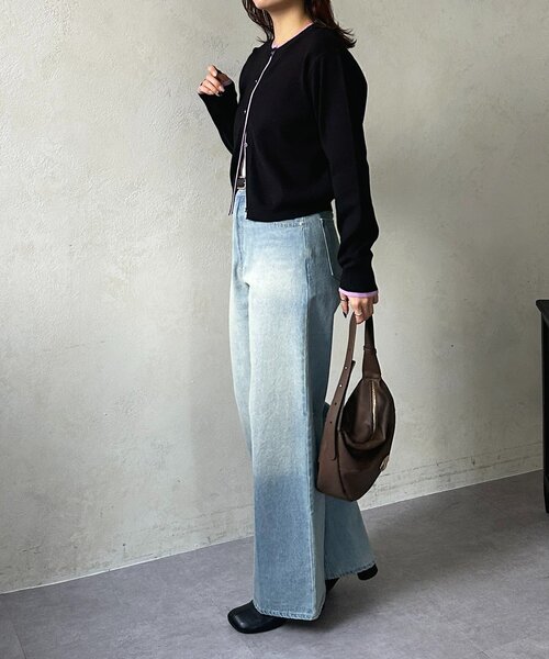 Thevon（ゼボン）の「レイヤード風配色クルーニットカーディガン（カーディガン/ボレロ・レディース・グレー/アイボリー/ブラック/ベージュ・FREE）」の19枚目の写真