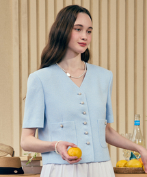 V-neck Tweed Half Sleeve Jacket - Blue