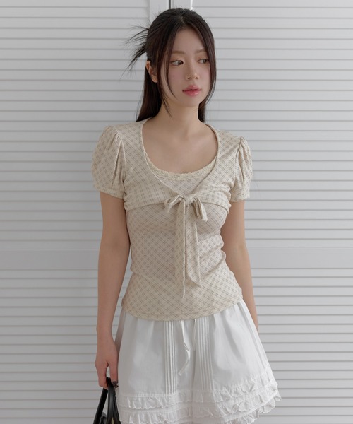 UNE MANSION(ユヌマンション)の「ラブリーフロントリボンチェックブラウスカットソー(Tシャツ/カットソー・レディース・アイボリー/チャコール/ベージュ・FREE)」の8枚目の写真