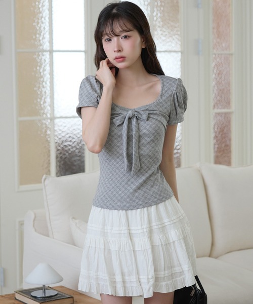 UNE MANSION(ユヌマンション)の「ラブリーフロントリボンチェックブラウスカットソー(Tシャツ/カットソー・レディース・アイボリー/チャコール/ベージュ・FREE)」の22枚目の写真