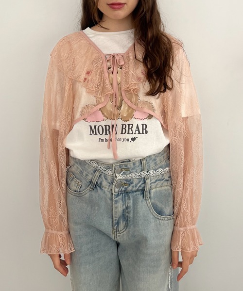 MORE self LOVE(モアセルフラブ)の「レースフリルカーディガン(カーディガン/ボレロ・レディース・ホワイト×ピンク/ピンク/オフホワイト・FREE)」の3枚目の写真