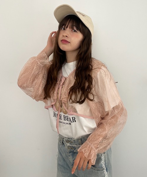 MORE self LOVE(モアセルフラブ)の「レースフリルカーディガン(カーディガン/ボレロ・レディース・ホワイト×ピンク/ピンク/オフホワイト・FREE)」の9枚目の写真