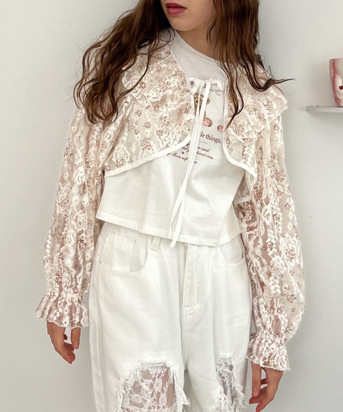 MORE self LOVE(モアセルフラブ)の「レースフリルカーディガン(カーディガン/ボレロ・レディース・ホワイト×ピンク/ピンク/オフホワイト・FREE)」の6枚目の写真