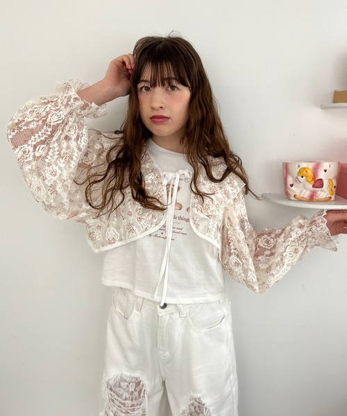 MORE self LOVE(モアセルフラブ)の「レースフリルカーディガン(カーディガン/ボレロ・レディース・ホワイト×ピンク/ピンク/オフホワイト・FREE)」の16枚目の写真