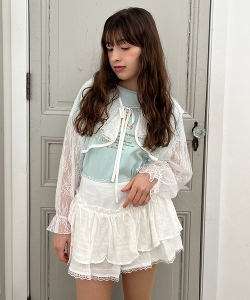 MORE self LOVE(モアセルフラブ)の「レースフリルカーディガン(カーディガン/ボレロ・レディース・ホワイト×ピンク/ピンク/オフホワイト・FREE)」の11枚目の写真