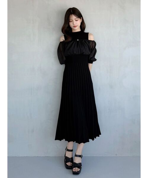 MERCURYDUO（マーキュリーデュオ）の「異素材ドッキングプリーツフレアニットワピース（ワンピース・レディース・ライトグレー/ブラック/アイボリー・MEDIUM/SMALL）」の5枚目の写真