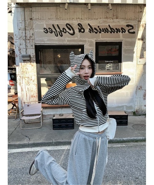 ARCHIVER（アーカイバ）の「【Lp】ボーダーキャットパーカー（パーカー・レディース・ホワイト・SMALL/LARGE）」の9枚目の写真