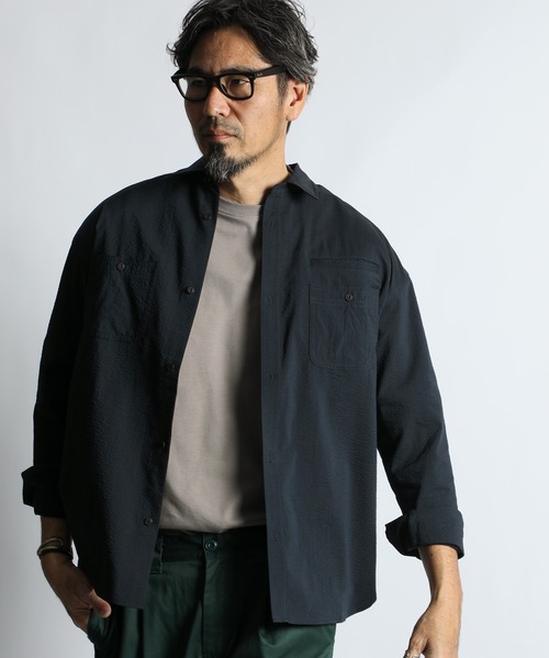 The DUFFER of ST.GEORGE（ザダファーオブセントジョージ）の「HIGH-TECH SEERSUCKER "COOLMAX" WORK SHIRT：クールマックス シアサッカー ワークシャツ / ミリタリーシャツ / セットアップ対応（シャツ/ブラウス・メンズ・ネイビー/チャコールグレー・X-LARGE/LARGE/MEDIUM/SMALL）」の5枚目の写真
