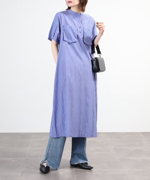 EGLANTINE（エグランティーヌ）の「EGLANTINE ノーカラーワンピース 半袖（ワンピース・レディース・ブルー系/ブラック系/ブラック・40）」の2枚目の写真