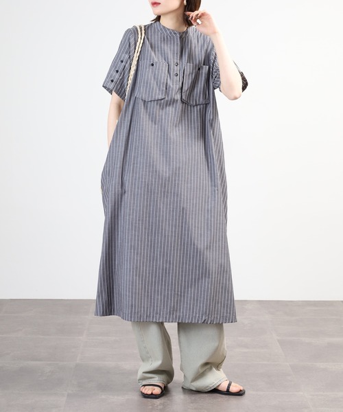 EGLANTINE（エグランティーヌ）の「EGLANTINE ノーカラーワンピース 半袖（ワンピース・レディース・ブルー系/ブラック系/ブラック・40）」の12枚目の写真