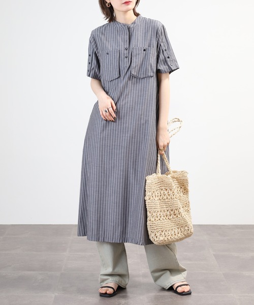 EGLANTINE（エグランティーヌ）の「EGLANTINE ノーカラーワンピース 半袖（ワンピース・レディース・ブルー系/ブラック系/ブラック・40）」の13枚目の写真